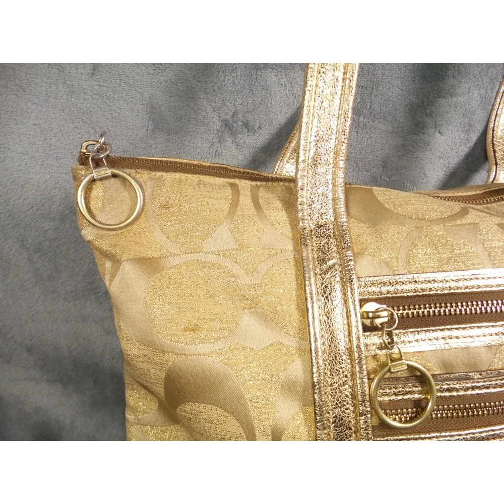 Coach Poppy Op Art Glam Tote Bag Gold Brown Classic Signature Canvas C